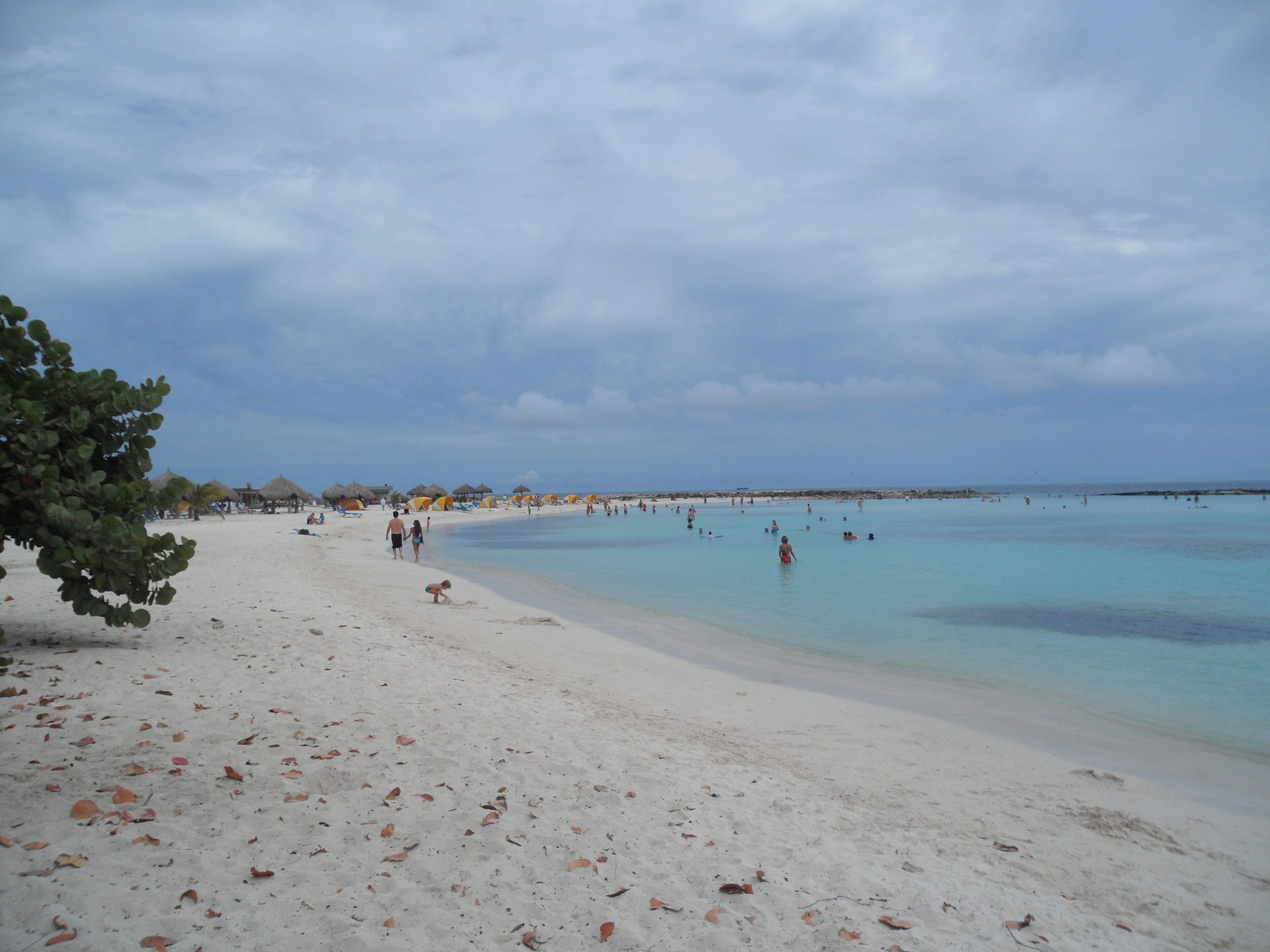The white sand curving around the shallow lagoon at Baby Beach, Aruba, with swimmers, palapas and the rock breakwater under a cloudy sky