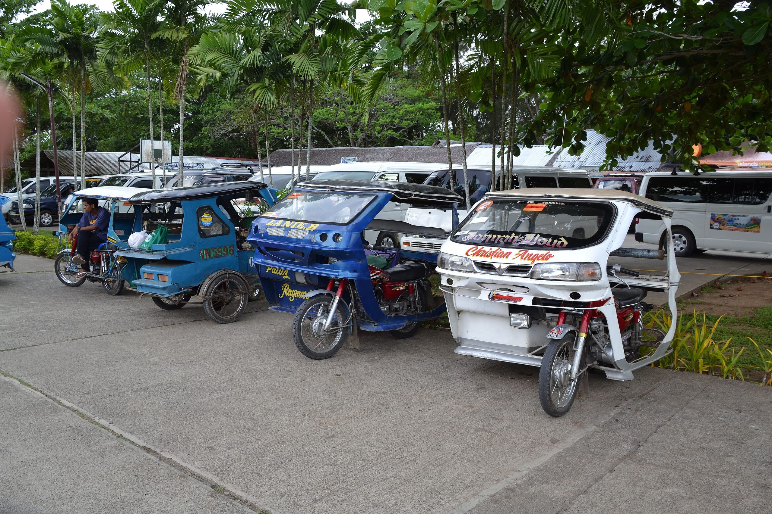 Three tricycles parked in a row in front of a line of white vans under palm trees