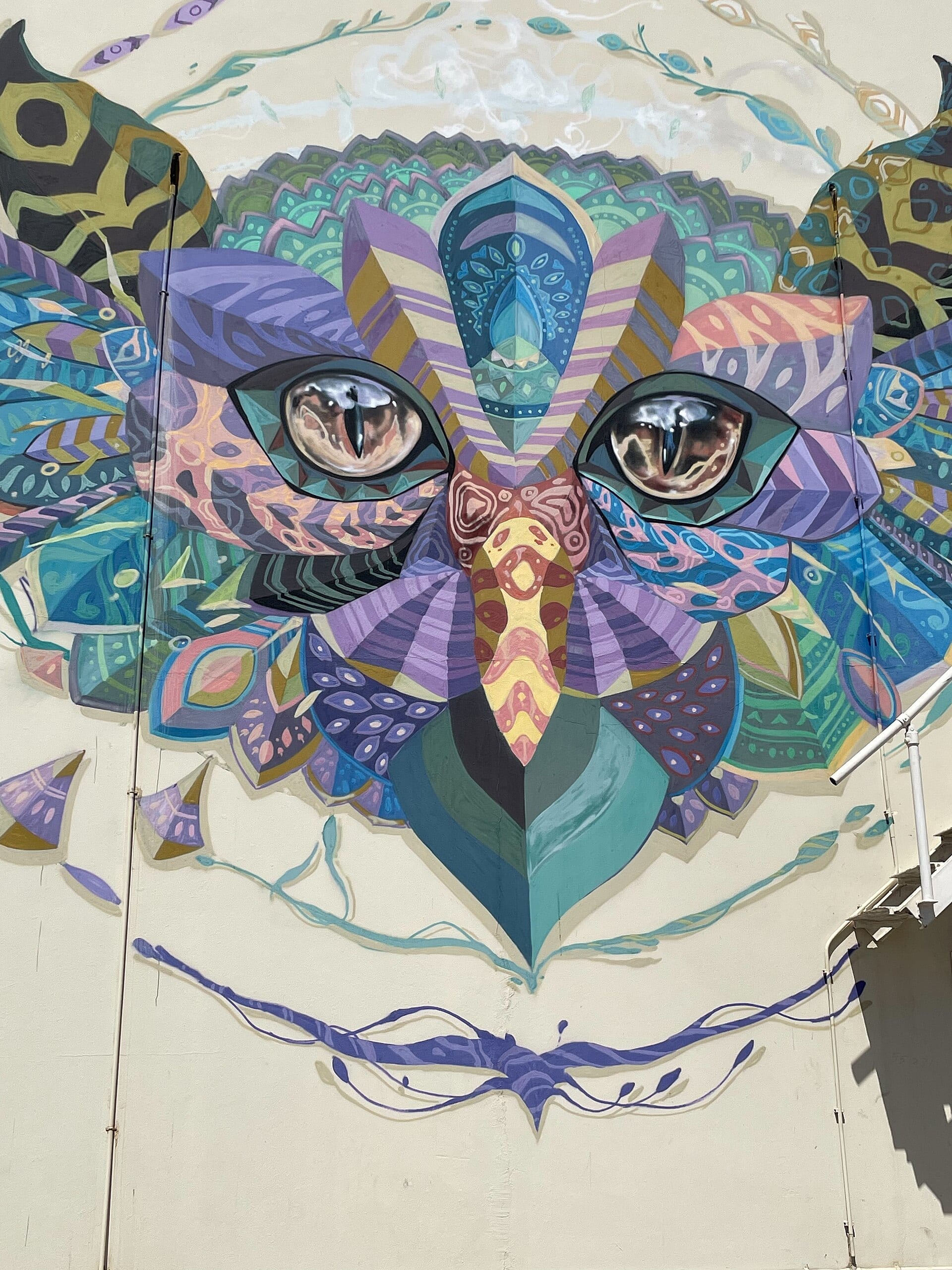 A wall-height mural of a face in blue and teal on a building in San Nicolas